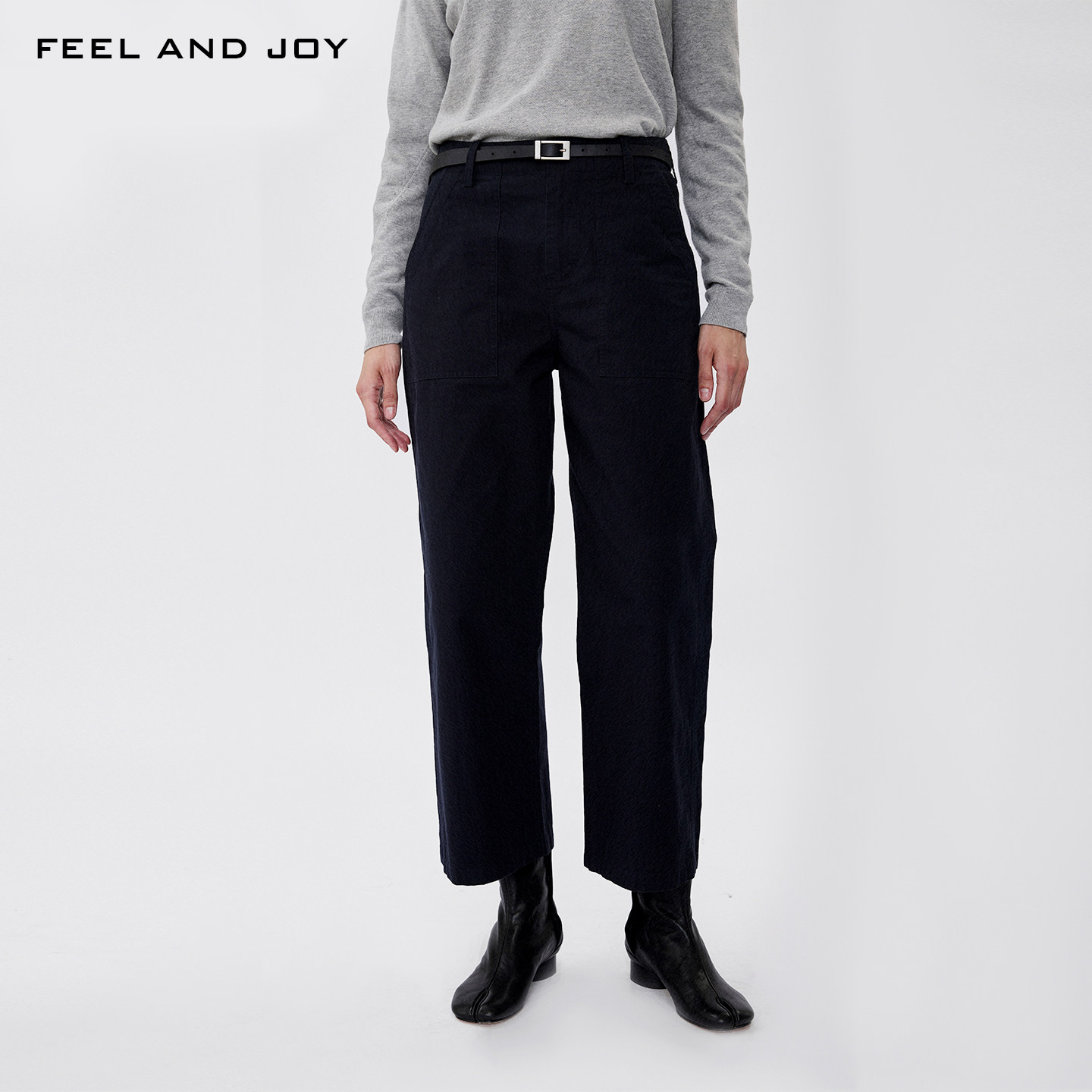 FEELANDJOY秋季新款复古小直筒裤女中腰休闲通勤纯棉修身长裤