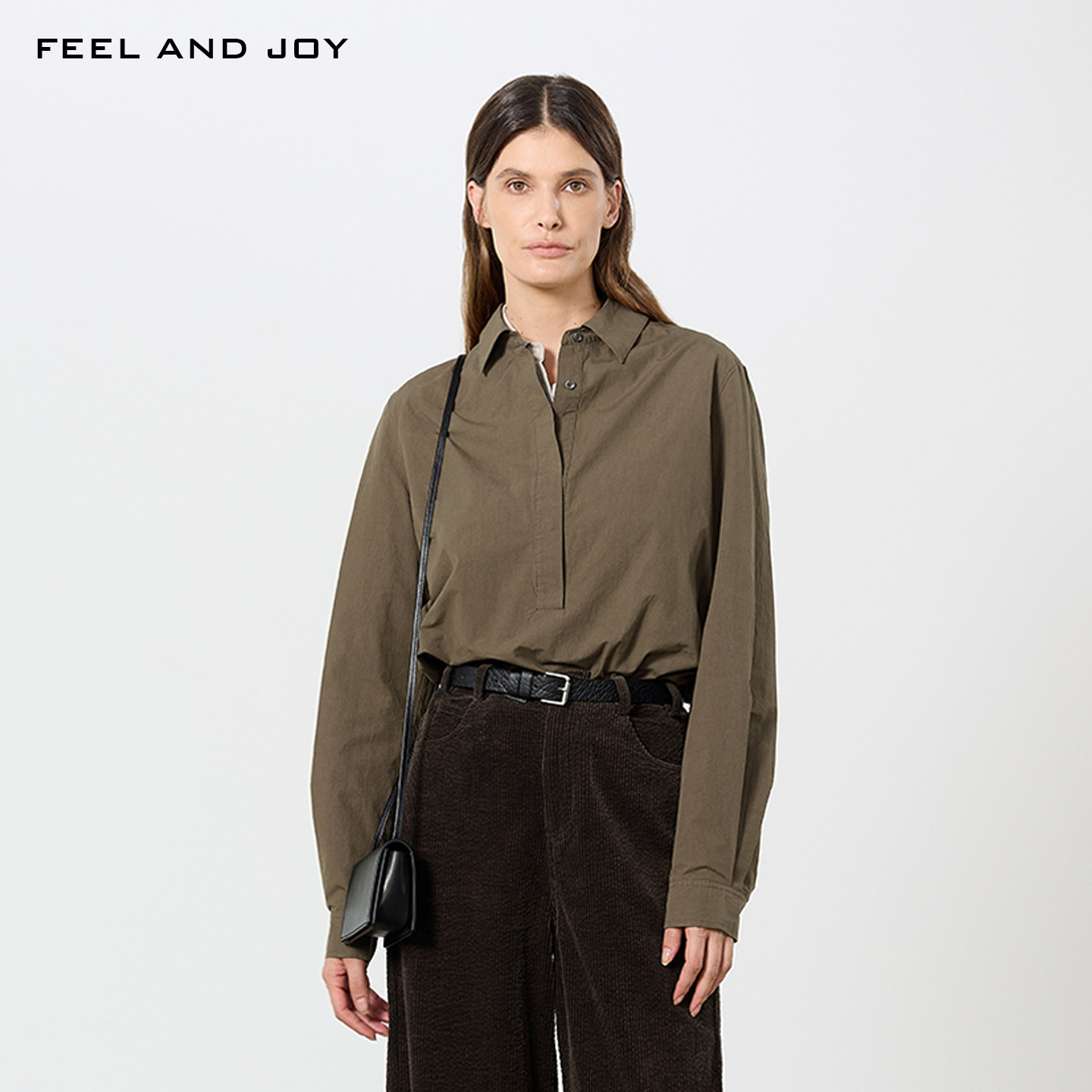 FEEL AND JOY秋冬复古橄榄绿100%匹马棉半开襟衬衫女休闲长袖上衣