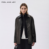 FEEL AND JOY复古翻领廓形皮衣100%山羊皮极简轻奢质感真皮外套
