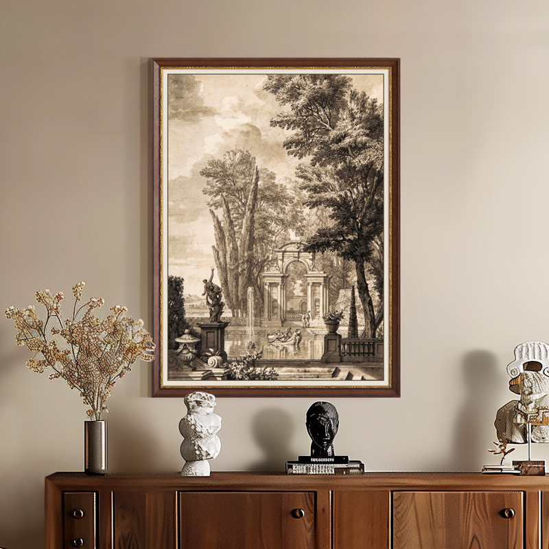法式中古风客厅装饰画复古风景素描玄关画高级感艺术小众实木挂画图片