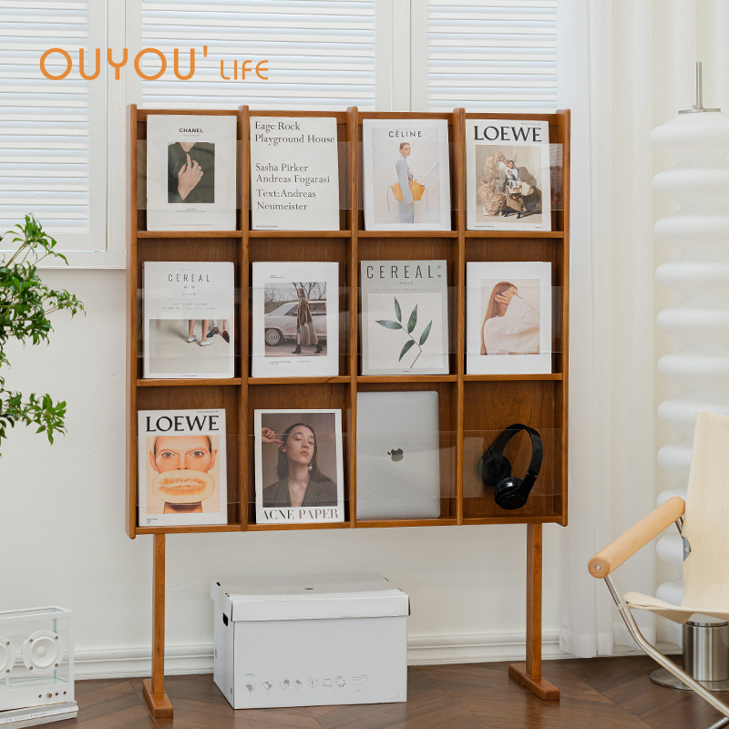 OUYOULIFE中古实木落地书架日式阅读展示架子简约报刊收纳杂志架