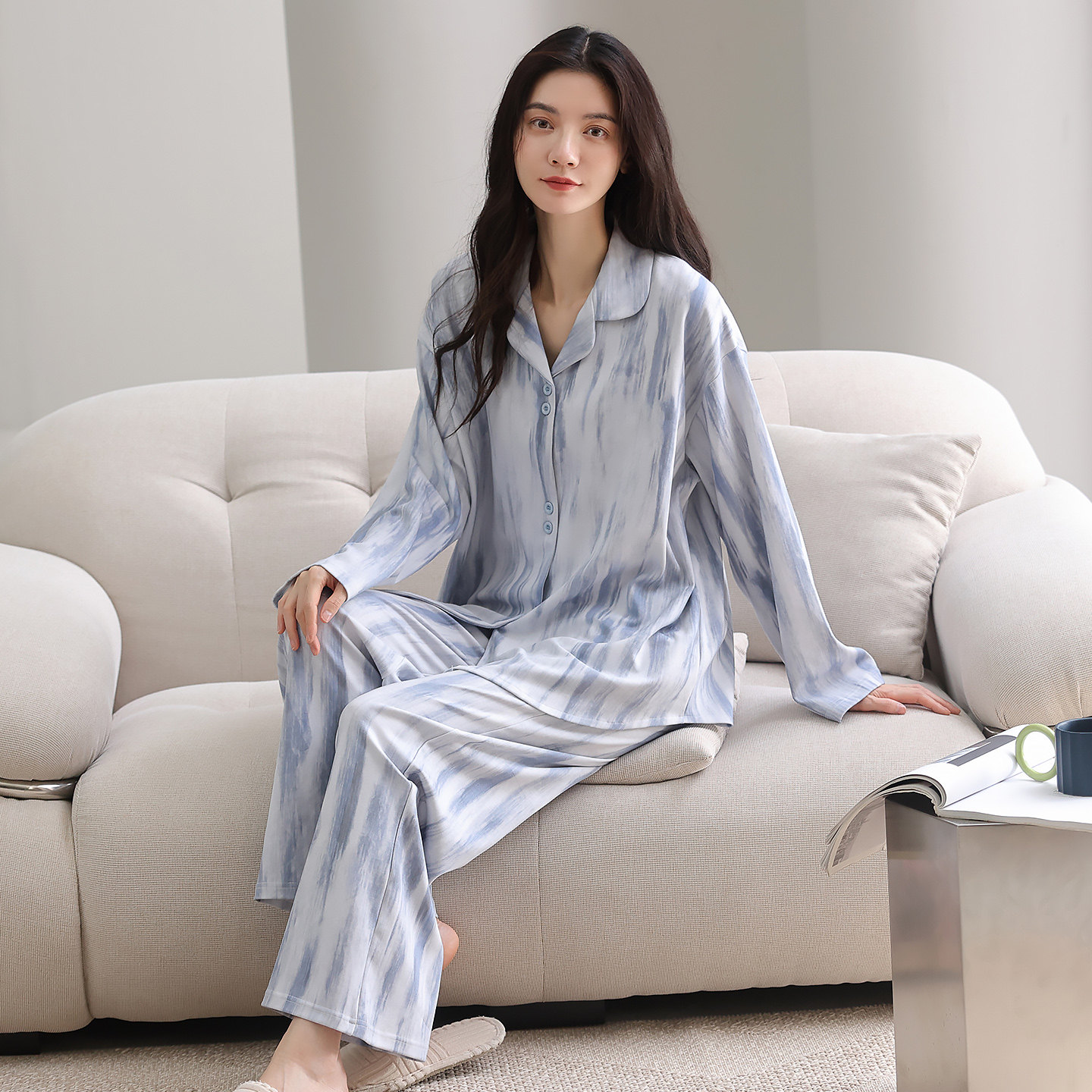 韩蜜蜜水墨扎染家居服女款2026新款春季长袖长裤新疆长绒棉睡衣服