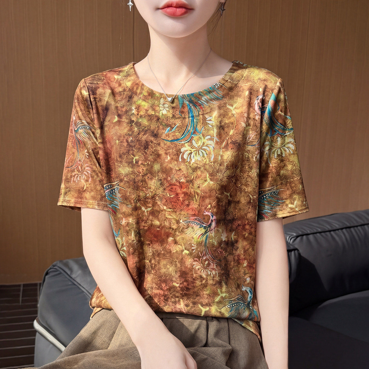 夏季清凉缎面圆领新中式洋派T恤女国风复古凤凰印花薄款百搭短袖