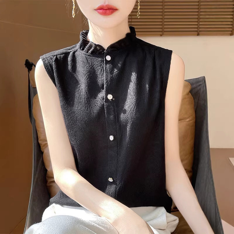 2026新款木耳花边领针织无袖背心女时尚提花叠穿套头衬衫宽松上衣