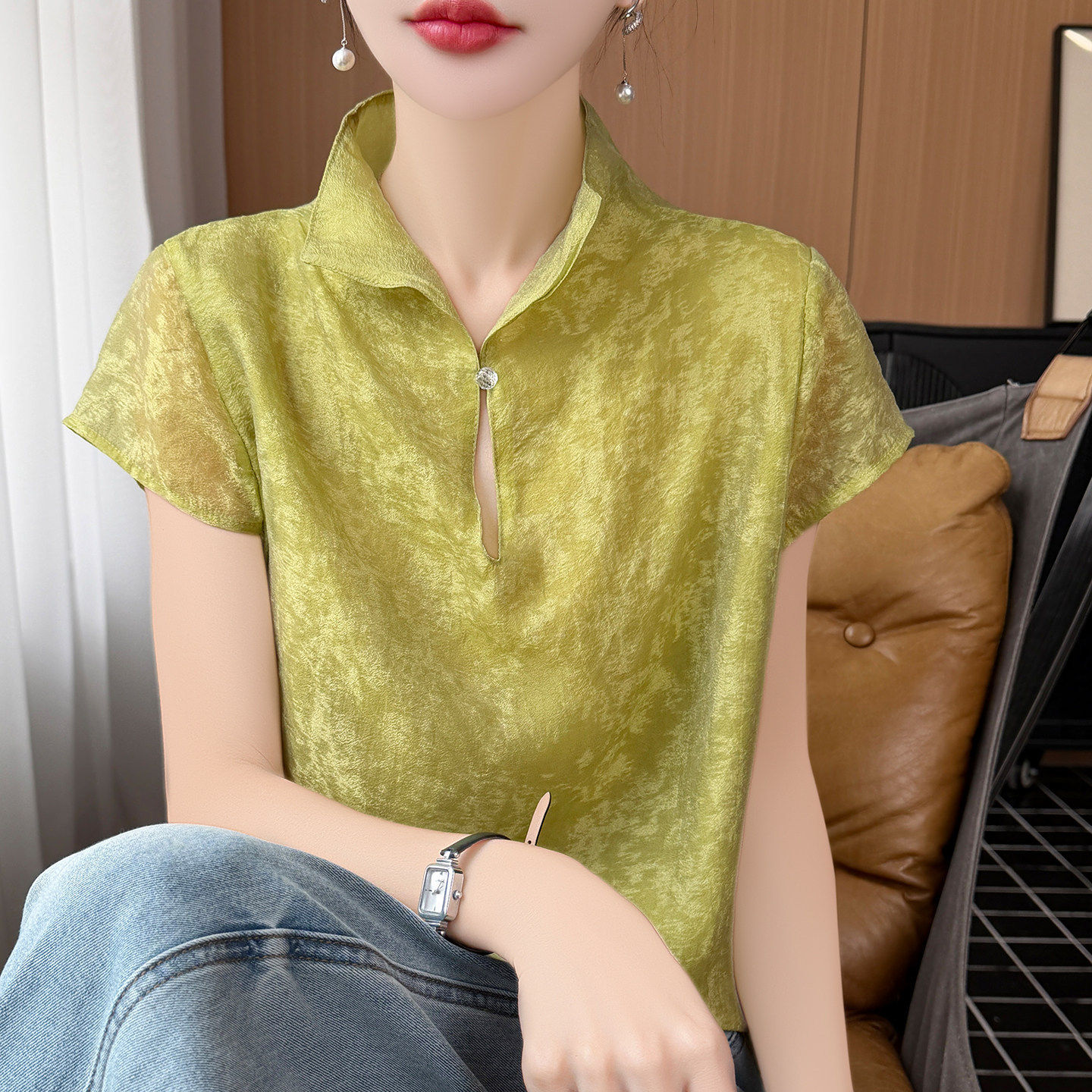 时尚小立领短袖T恤女夏季百搭上衣绿色小衫宽松显瘦新中式改良t恤