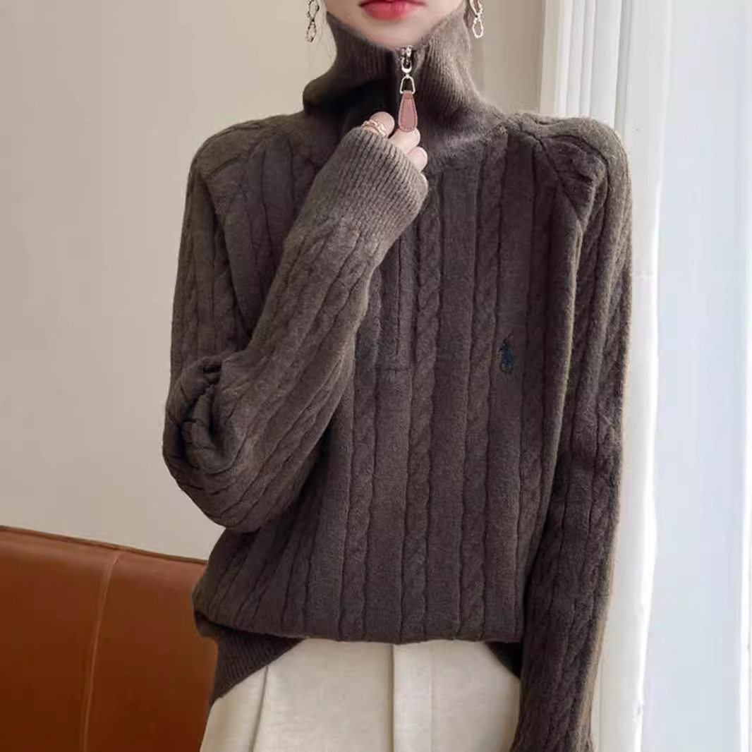 半拉链立领毛衣女宽松翻领小马刺绣针织衫插肩袖可机洗毛衫外套