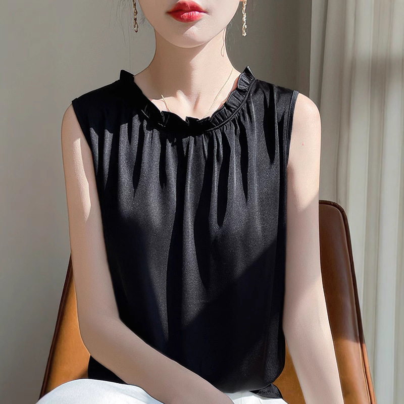 2025春夏法式花边领衬衫休闲缎面洋气衬衣女时尚立领无袖打底背心