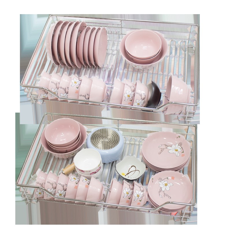 厨房橱柜拉篮304不锈钢碗篮调味篮双层碗碟O架抽屉式厨房拉篮阻尼