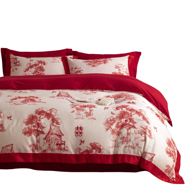 中式简约婚庆四件套大红色床单被套结婚床上用Y品婚房喜被
