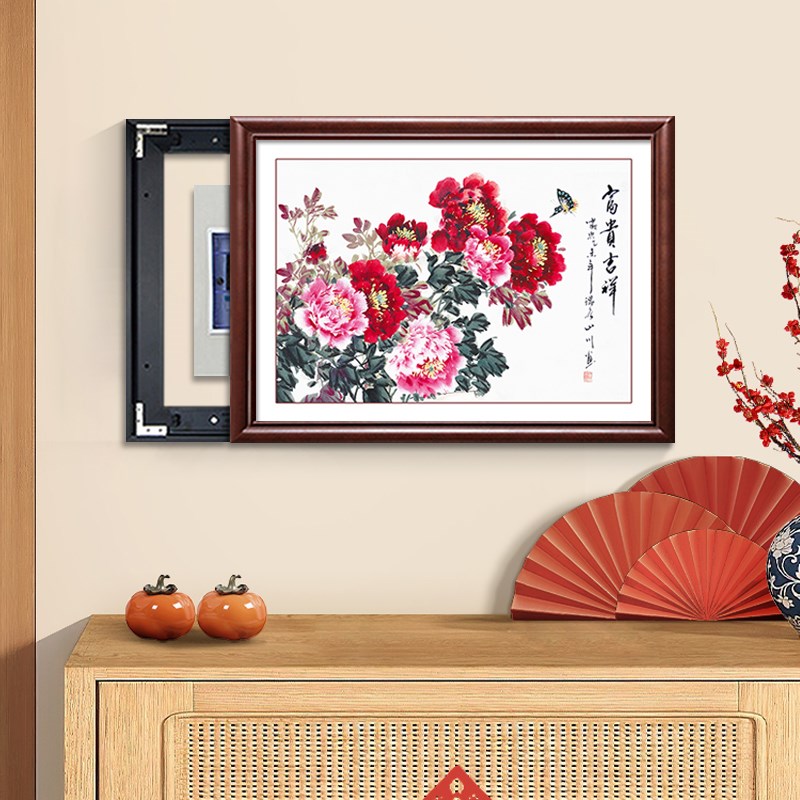 新中式入户电表箱装饰画免打孔遮挡推拉电闸配电箱U牡丹花餐厅挂
