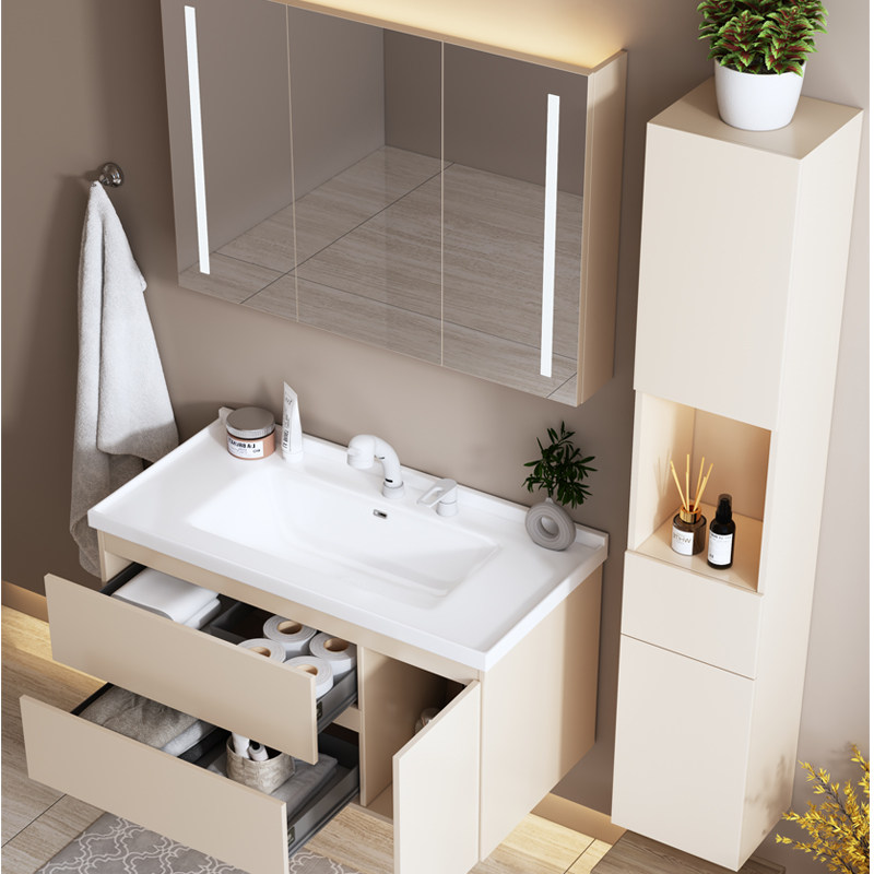 奶油风新款陶瓷一体盆浴室柜洗手洗脸台盆实木带置物侧柜壁柜