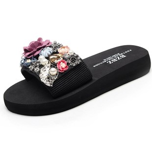 平底凉拖 新款 民族风c海边花朵沙滩拖鞋 女夏外穿厚底一字拖鞋 时尚