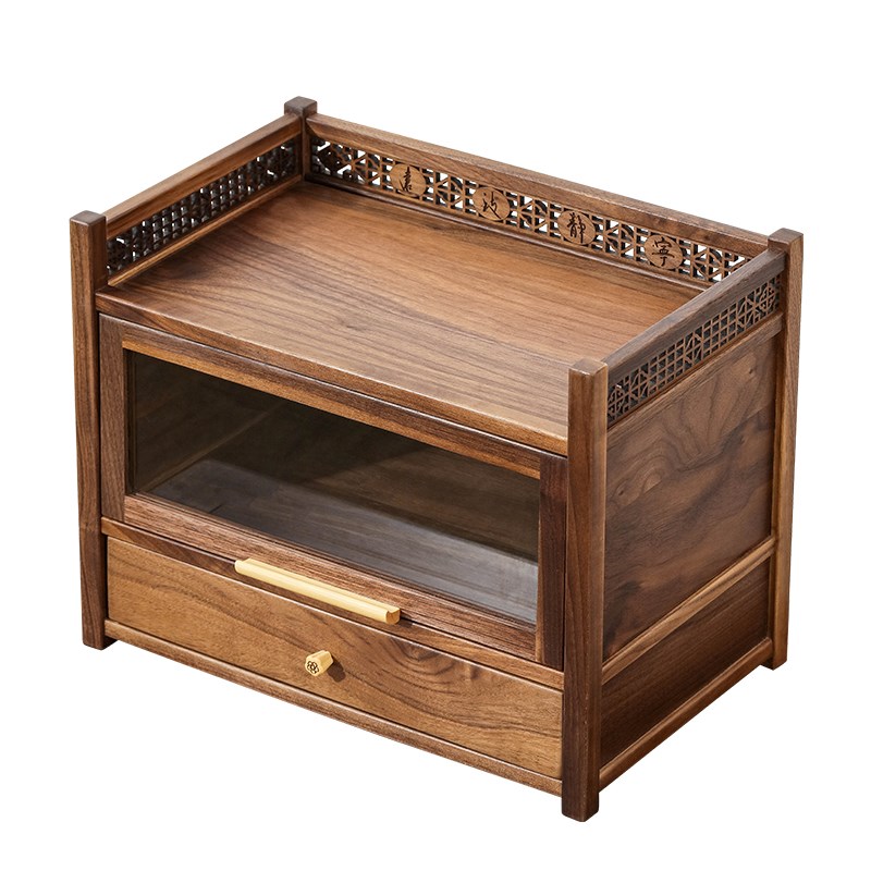 胡桃木置物架桌面小型防尘博x古架实木简约摆件茶壶茶具台式收纳
