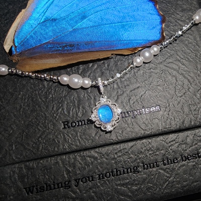 银层闪蝶创意蓝闪碎银子圆珠银项链生日礼物优雅时尚精致手工制作