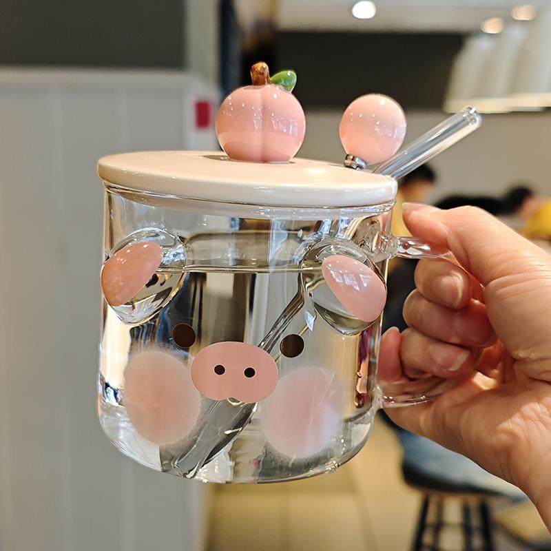 高颜值水杯女生家用可微波炉耐高温玻璃杯办公室平底加热牛奶杯子