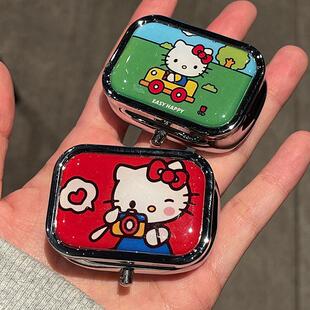 可爱kitty便携式小药盒随身药丸盒内两格金属盒迷你首饰盒带镜片