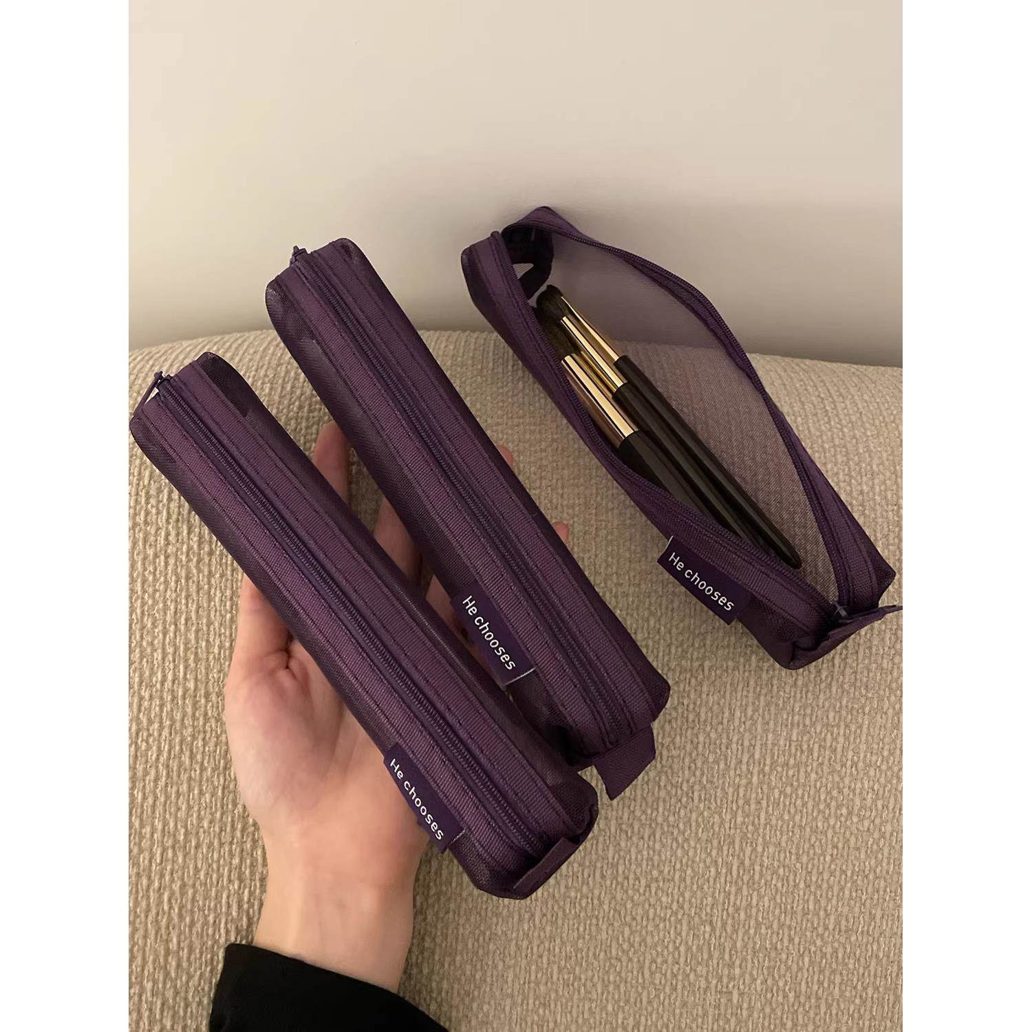 ins紫色拉链化妆包女便携式网纱字母收纳包韩风化妆刷眉笔收纳袋