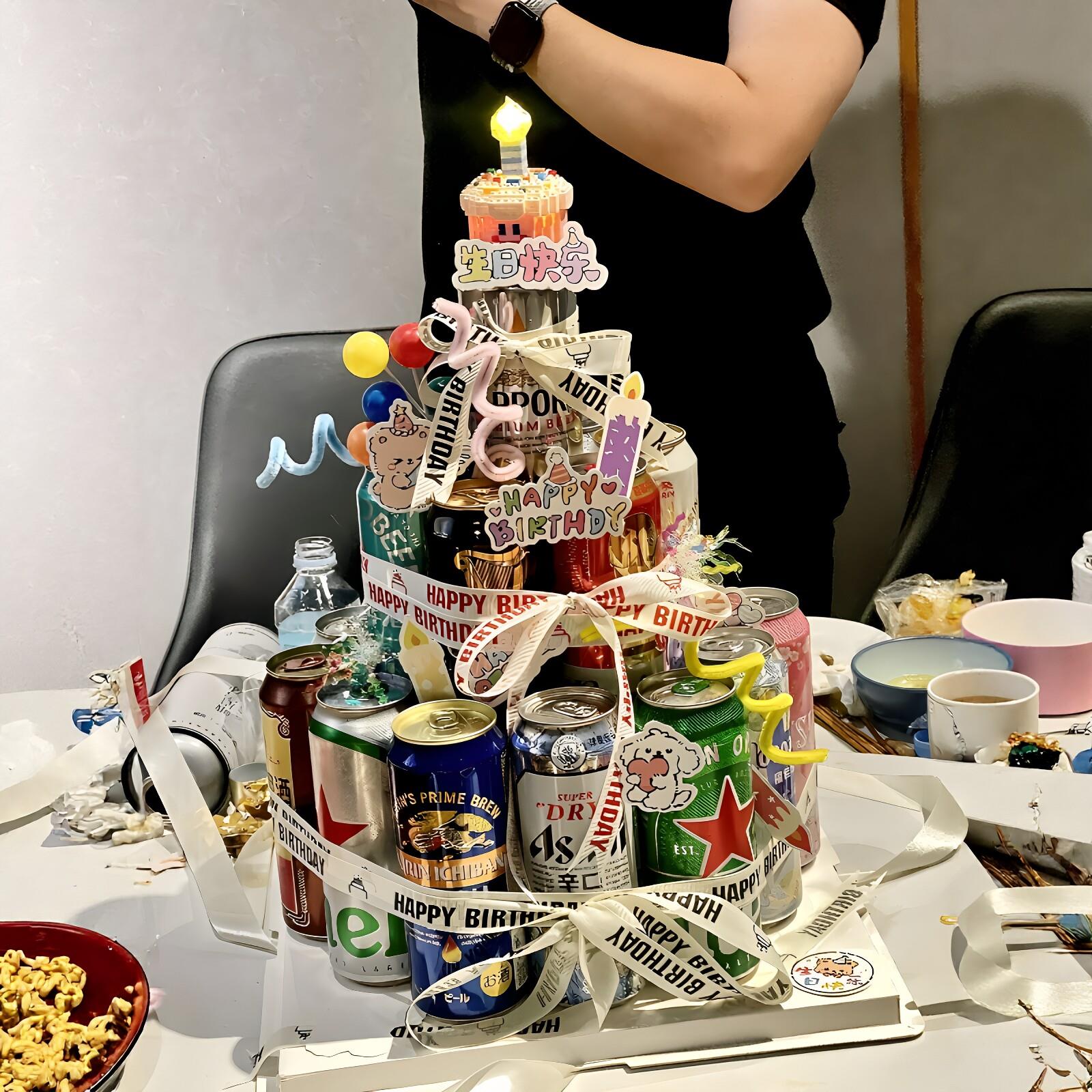 啤酒蛋糕diy材料包生日快乐奶油丝带装饰插牌送对象礼物拍照道具