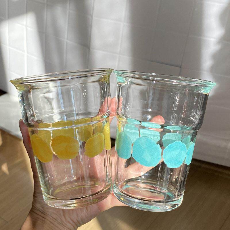 青天大老爷 ins复古晕染蓝绿色波点玻璃杯果汁杯中古风柠檬黄水杯