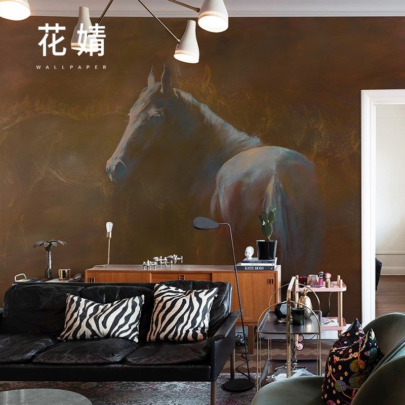 现代骏马电视背景墙纸壁布无缝定制客厅壁画个性艺术壁纸
