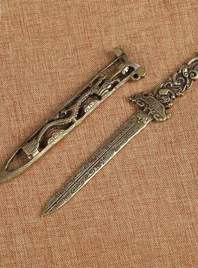 铜剑挂件腰饰黄铜雕精美面纹剑手把件小铜剑挂件铜杂件古玩铜器