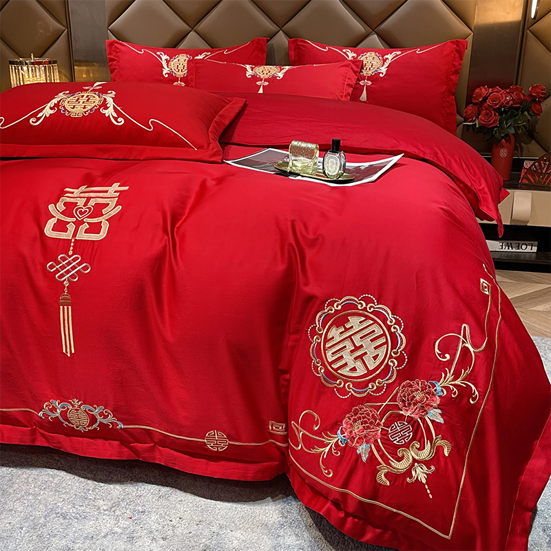 高档婚庆四件大红全棉中式喜被罩新结婚房嫁床上用品床单笠