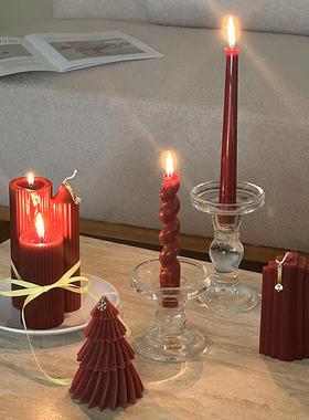 复古红色长杆香薰蜡烛新年家用结婚婚礼烛光晚餐烛台摆件过年装饰