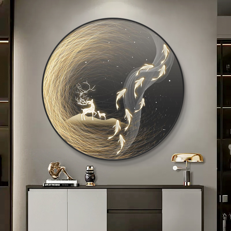 九鱼图玄关装饰画现代轻奢福鹿圆形餐厅挂画高档大气走廊过道壁画图片