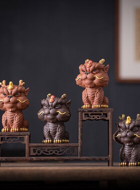 紫砂陶招财麒麟一对茶宠家用客厅博古架办公室桌面装饰工艺品