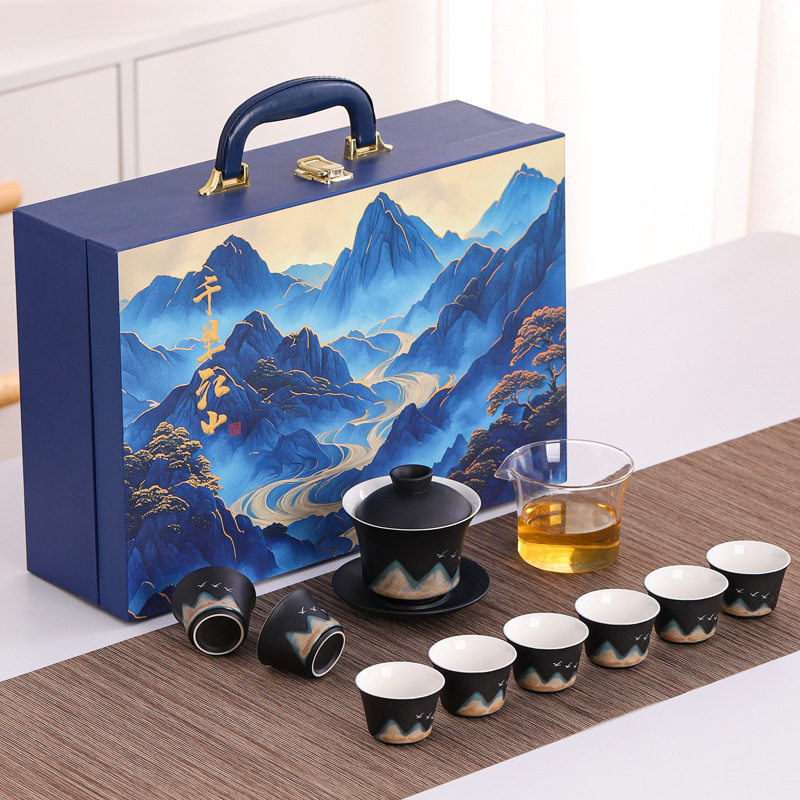 新款 黑陶功夫茶具套装粗陶盖碗家用办公茶具黑禅风轻奢茶壶远山