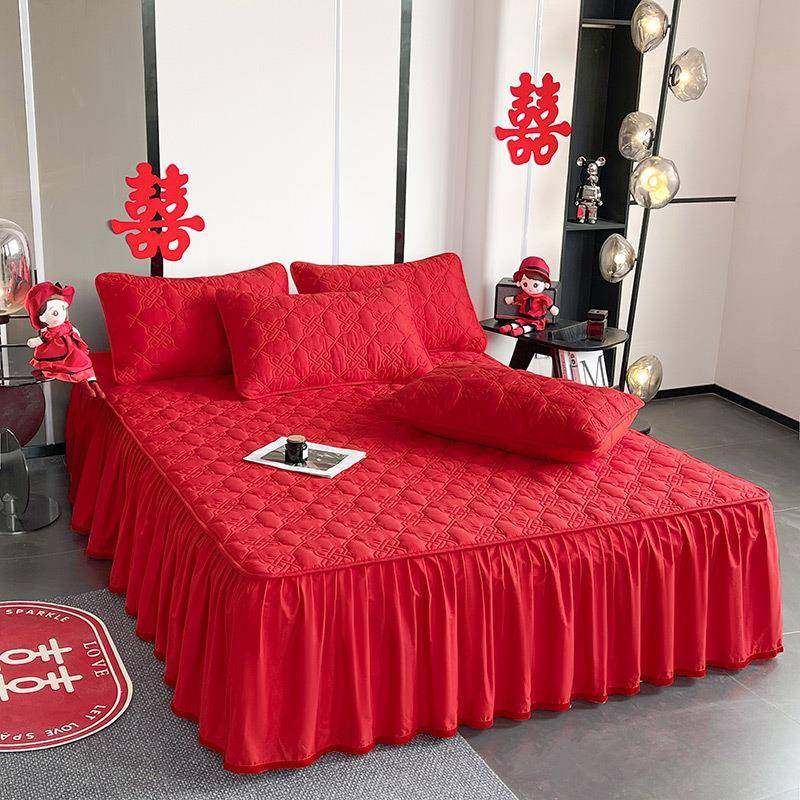 高档新款全棉床裙三件套结婚喜庆大红色纯棉加厚床单件床罩双人床
