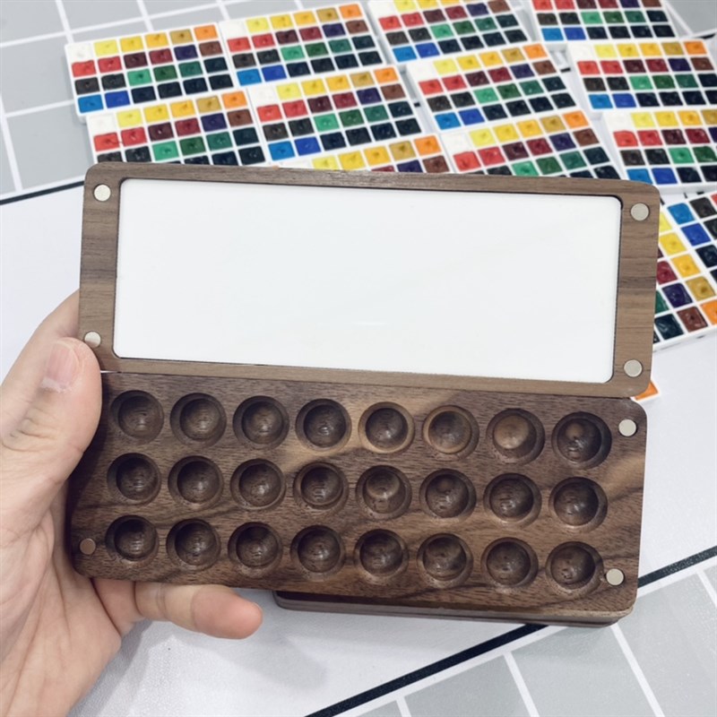 木质实木分装风干固体水彩颜料盒便携式磁吸款分格颜色收纳盒
