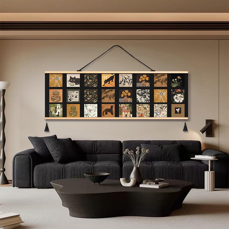 中古风植物花卉客厅长条挂布酒店民宿床头布艺装饰画背景墙挂画图片