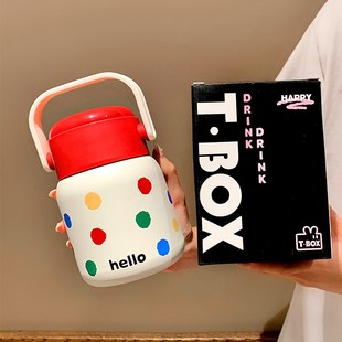 波点焖烧壶杯大容量手提保温y饭盒不锈钢宽口早餐杯带勺便携女款