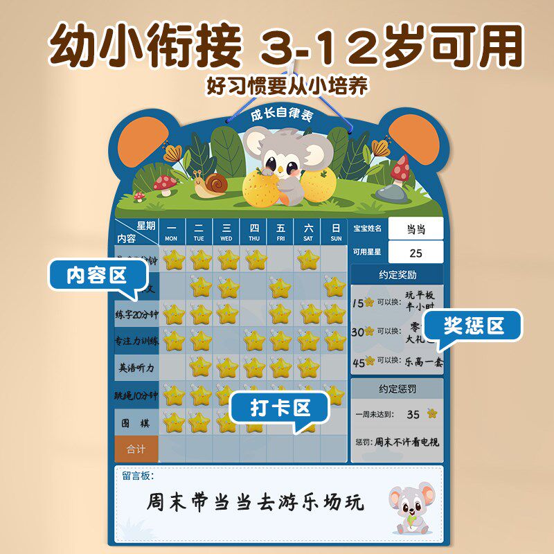 自律表儿童成长奖励孩子的积分卡小红奖励贴家庭版磁吸贴纸幼儿园