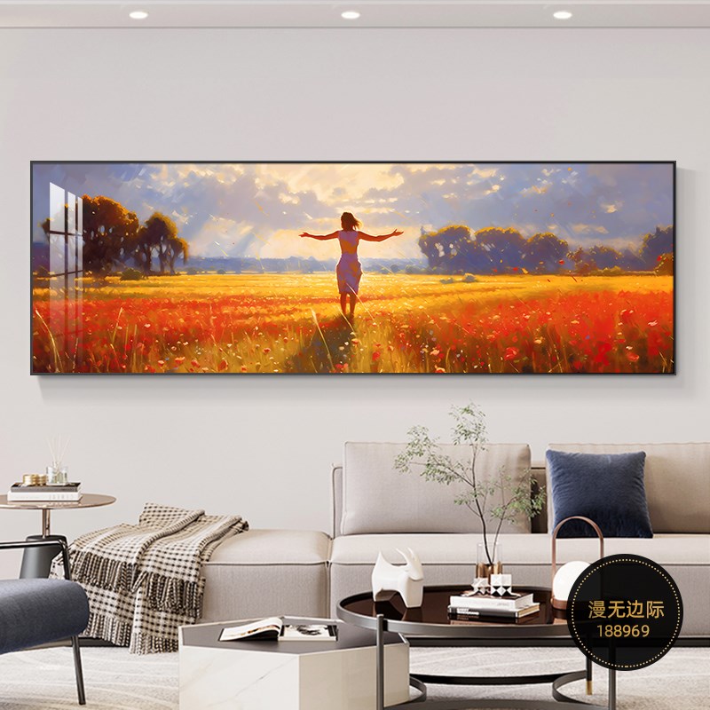 卧室画床头装饰画现代浪漫花海美女人物客厅横版壁画卧挂画