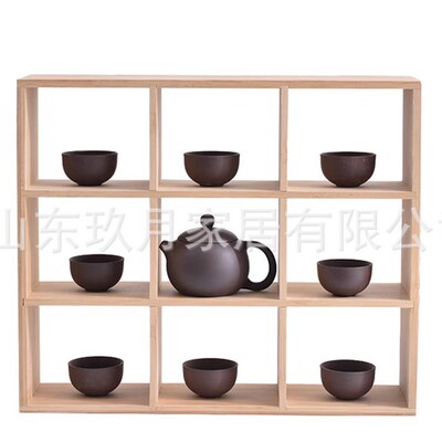 九宫格桌面博古架多宝阁茶杯架收纳茶壶置物壁挂展示架子木质中式