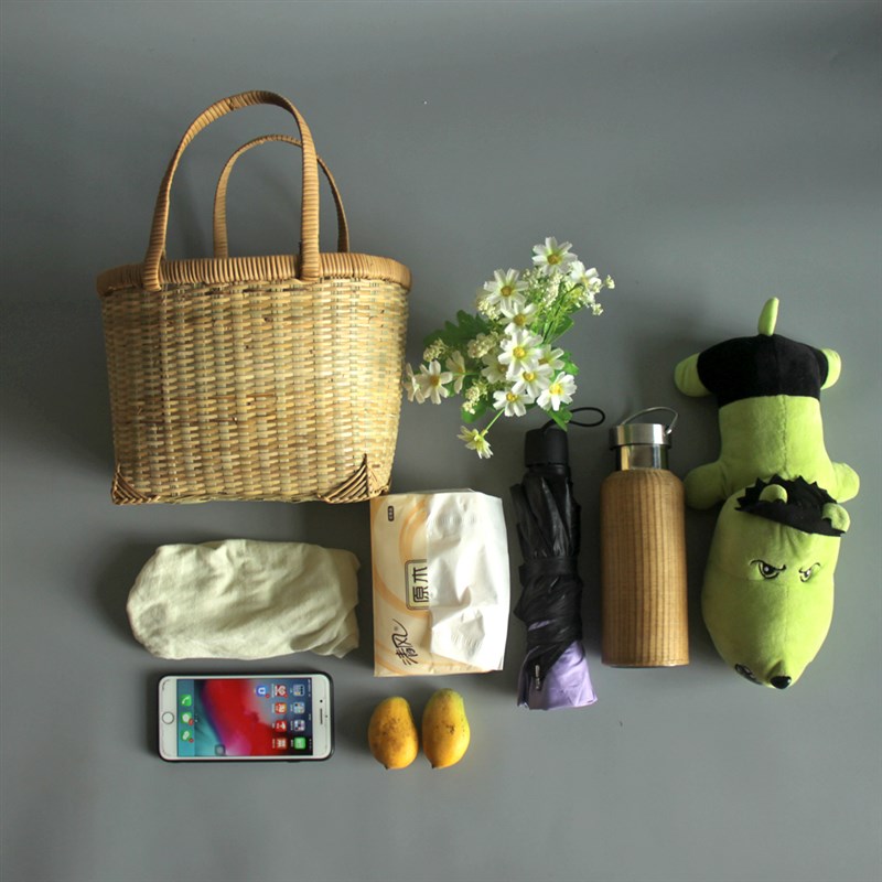 竹编竹制品  藤编手提篮 竹编篮子家用 买菜购物筐 野餐提手菜篮