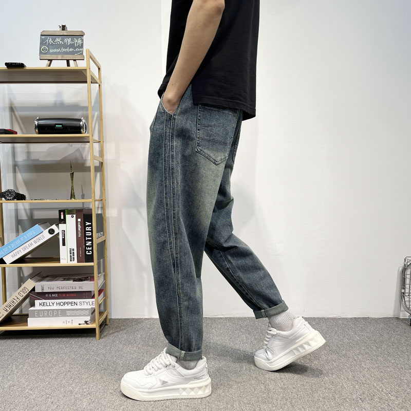 复古牛仔裤男潮牌25夏季新款宽松阔腿哈伦裤松紧腰直筒小脚九分裤