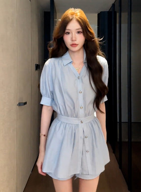 小个子绝美蓝色衬衫连衣