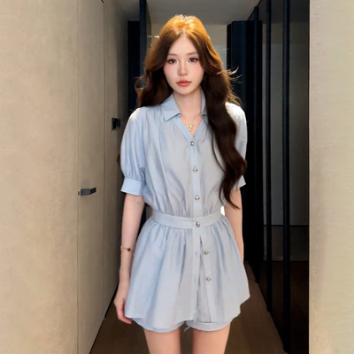 小个子绝美蓝色衬衫连衣