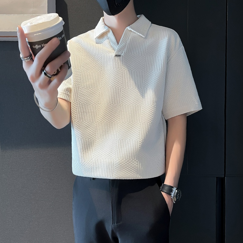 男士V领短袖Polo衫夏季白色翻领T恤2025新款潮流休闲上衣半袖体恤