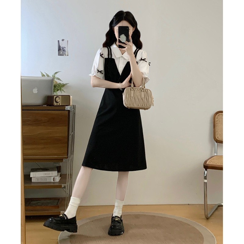 法式蝴蝶结正肩短袖黑色连衣裙女2025夏大码胖mm遮胯假两件小黑裙