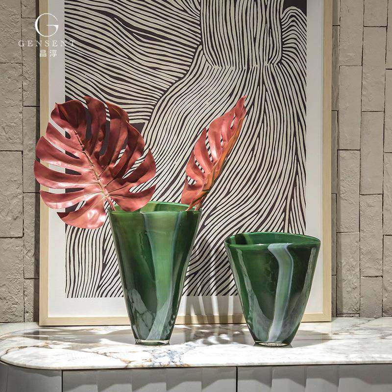 晶淳 中古绿色大敞口径玻璃花瓶 客厅百搭水培鲜花束软装饰品