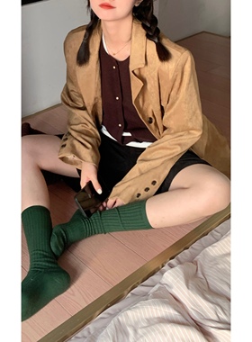 HiiThere 秋冬复古麂皮绒宽松韩系美拉德感百搭棕色外套长袖上衣