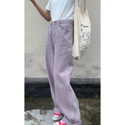 HiiThere女士韩系ins宽松直筒百搭高腰淡紫色小众减龄牛仔裤长裤
