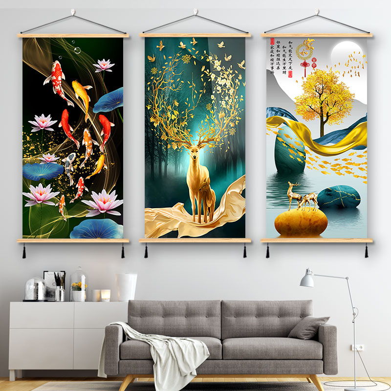 新中式布艺挂画现代轻奢九鱼招财客厅装饰画背景墙壁画酒店玄关画图片