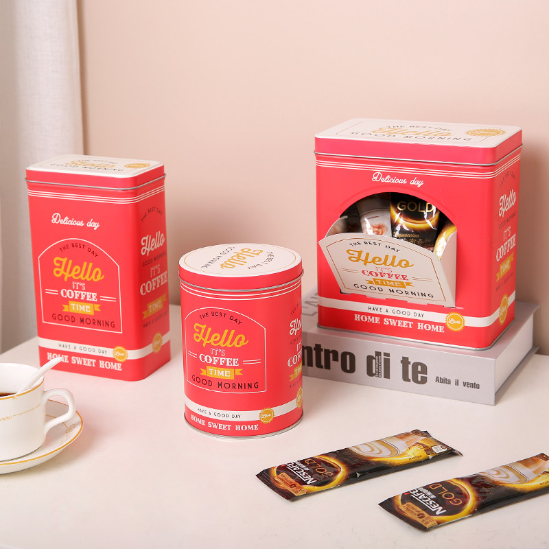 创意咖啡条茶叶方形马口铁盒糖果饼干收纳盒开口储物盒带盖密封罐