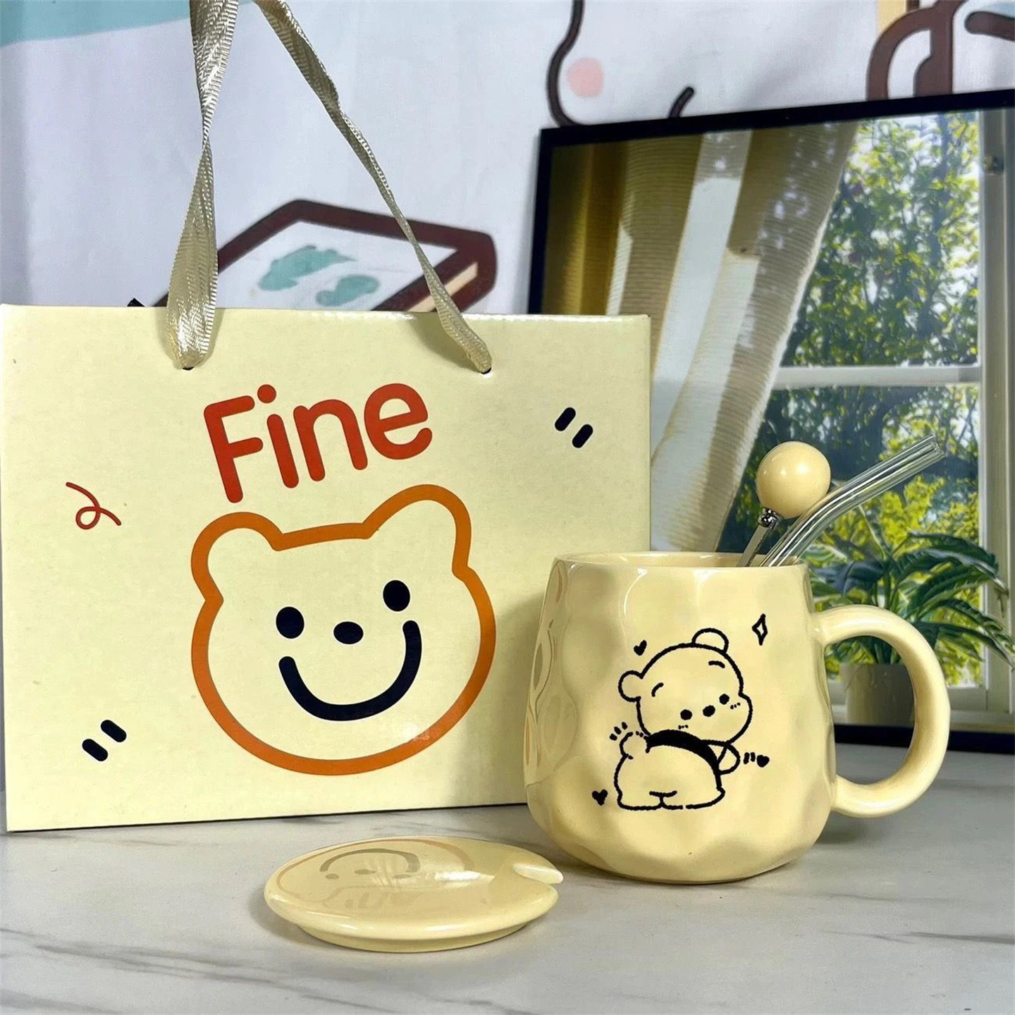 【带盖带勺吸管】小熊陶瓷马克杯图片