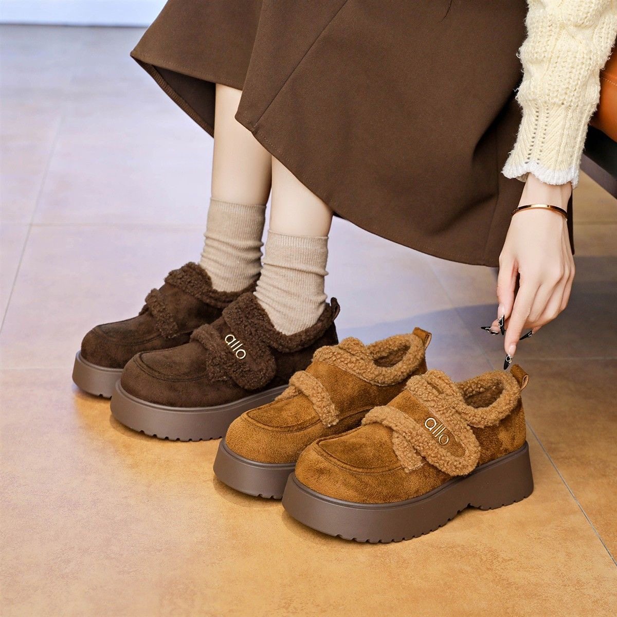 加绒厚底勃肯鞋女2026新款冬季魔术贴毛毛鞋美拉德增高乐福鞋棉鞋,女鞋,时尚雪地靴,淘宝优惠券,粉丝福利购,淘宝优惠卷